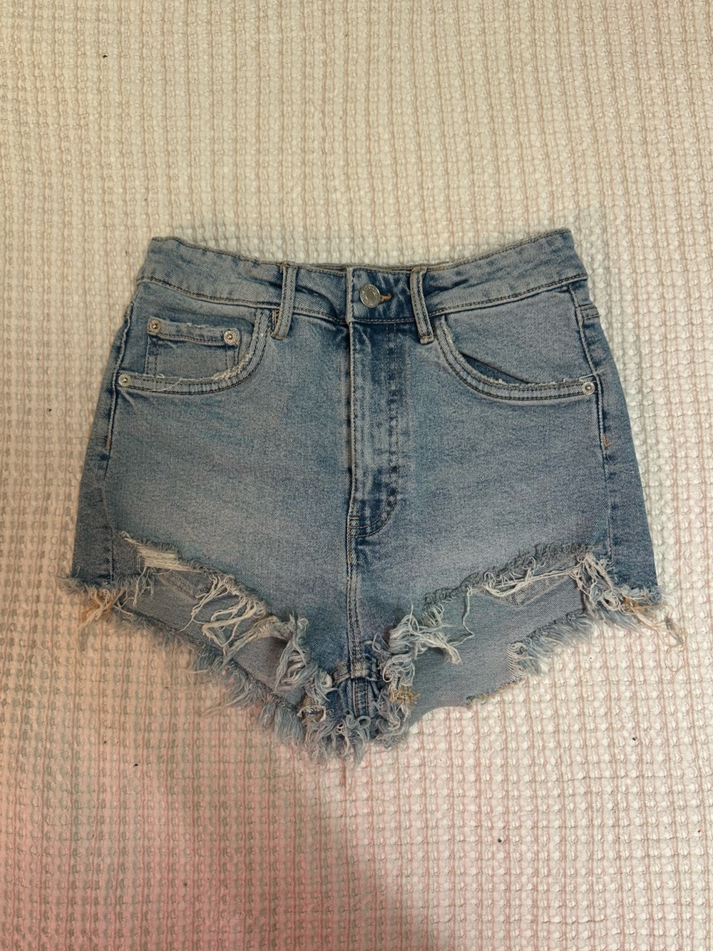 Zara Distressed High-Waist Denim Shorts - Light Blue